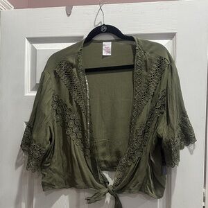 No Boundaries Olive Green Lace Trim Tie-Front Top